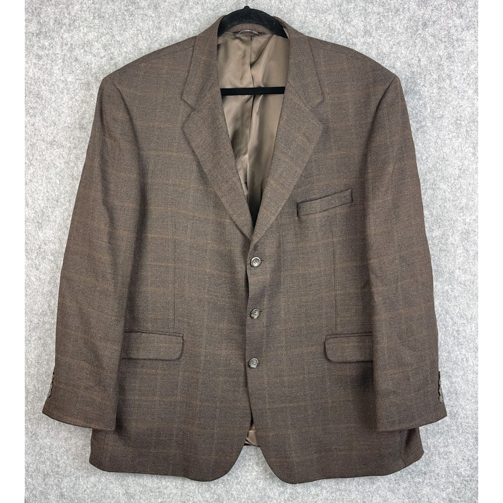 Stafford Lambswool Cashmere Blazer Sport Coat Mens 46R Brown Windowpane 3 Button